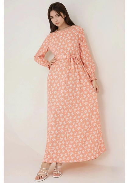 Kadın Çiçek Desenli Uzun Kol Örme Modest Elbise Pink