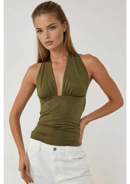 Kadın Derin V Yaka Slim Fit Örme Bluz Green