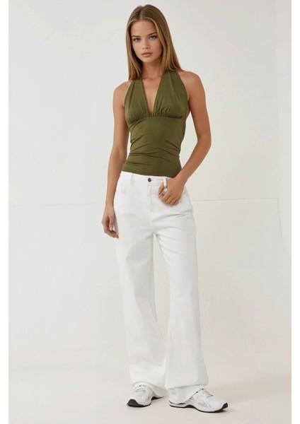 Kadın Derin V Yaka Slim Fit Örme Bluz Green