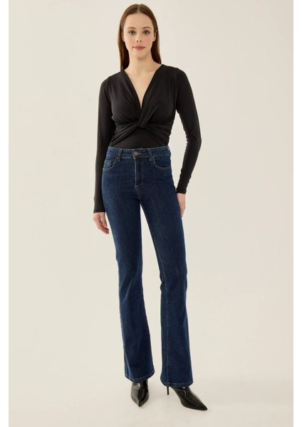 Kadın V Yaka Uzun Kollu Slim Fit Bodysuit Black
