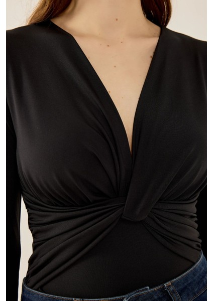 Kadın V Yaka Uzun Kollu Slim Fit Bodysuit Black