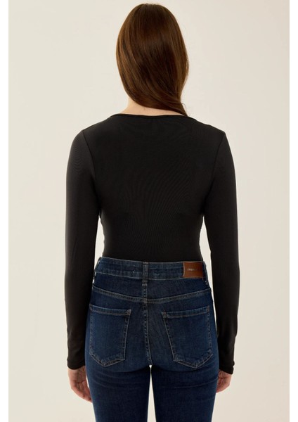 Kadın V Yaka Uzun Kollu Slim Fit Bodysuit Black