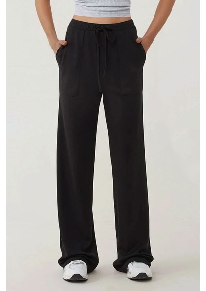 Kadın Wide Leg Beli Lastikli Dokulu Örme Pantolon Black