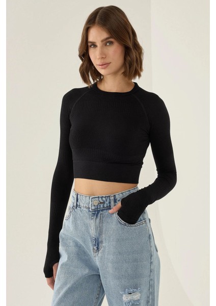 Kadın Slim Fit Basic Crop Top Black
