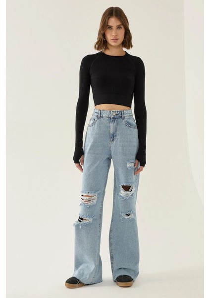 Kadın Slim Fit Basic Crop Top Black