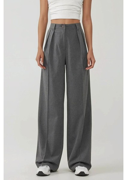 Kadın Yüksek Bel Palazzo Dokuma Pantolon Grey