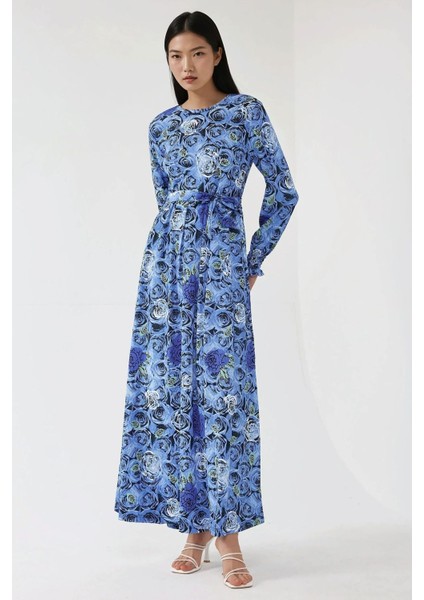 Kadın Çiçek Desenli Uzun Kol Örme Modest Elbise Fas Mavisi