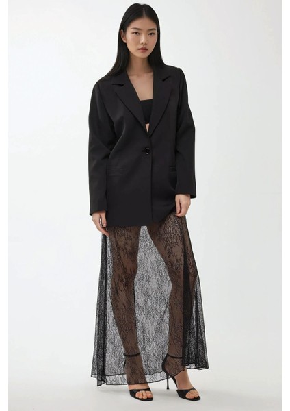 Kadın Yüksek Bel Dantel Maxi Etek Black