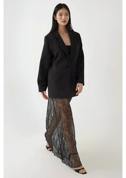 Kadın Yüksek Bel Dantel Maxi Etek Black