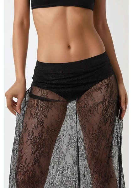 Kadın Yüksek Bel Dantel Maxi Etek Black