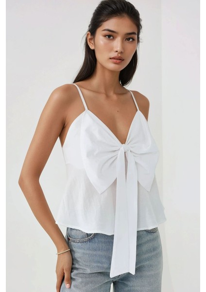 Kadın Fiyonk Detaylı V Yaka Bluz White