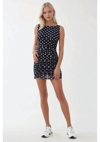 Kadın Kayık Yaka Puantiye Desenli Mini Bodycon Elbise Blue