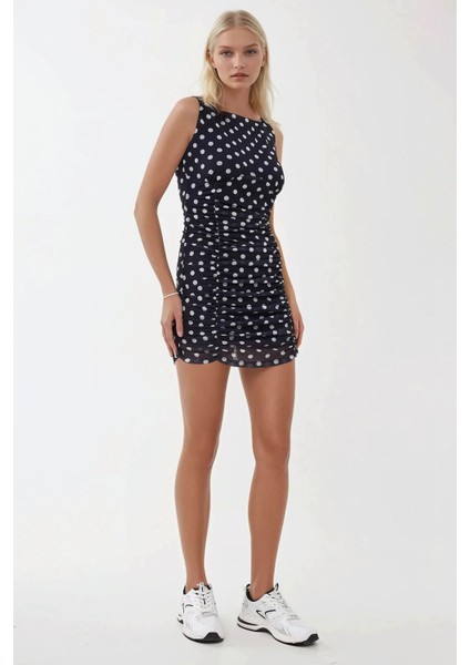 Kadın Kayık Yaka Puantiye Desenli Mini Bodycon Elbise Blue