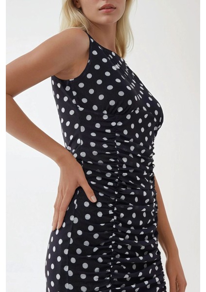 Kadın Kayık Yaka Puantiye Desenli Mini Bodycon Elbise Blue