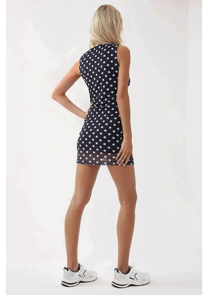 Kadın Kayık Yaka Puantiye Desenli Mini Bodycon Elbise Blue