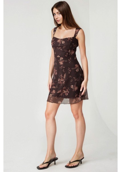 Kadın Kalp Yaka Puantiyeli Mini Tül Elbise Mocha Kahvesi