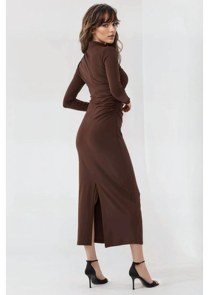 Kadın Drape Detaylı Midi Elbise Brown
