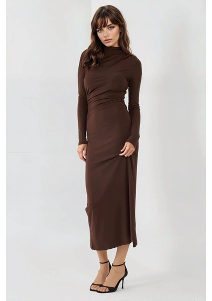 Kadın Drape Detaylı Midi Elbise Brown