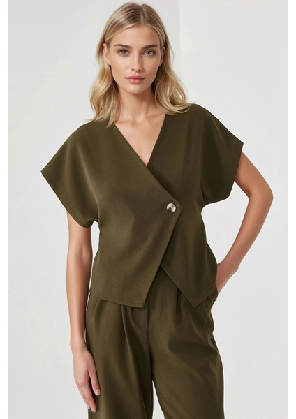 Kadın Fitted V Yaka Yelek Green