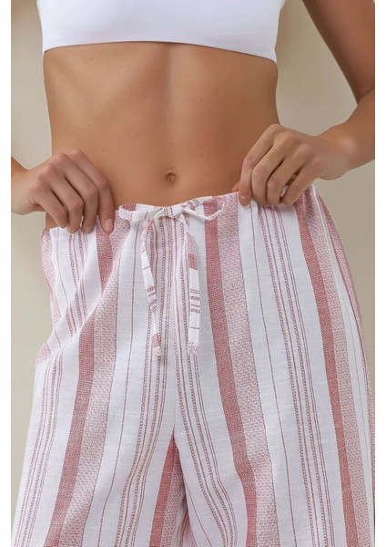 Kadın Wide Leg Rahat Kesim Çizgili Pantolon Pink