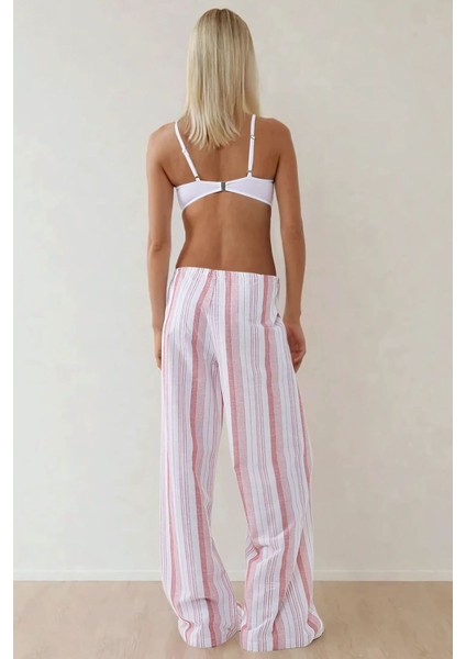 Kadın Wide Leg Rahat Kesim Çizgili Pantolon Pink