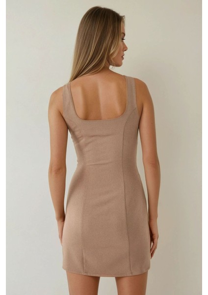 Kadın Dokulu Kare Yaka Bodycon Mini Elbise Natural