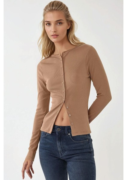 Kadın Düğmeli Uzun Kol Slim Fit Dokulu Örme Bluz Brown