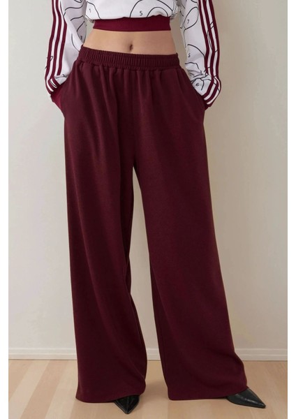 Kadın Lastikli Bel ve Geniş Paça Örme Pantolon Red