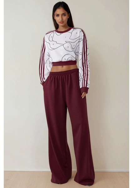 Kadın Lastikli Bel ve Geniş Paça Örme Pantolon Red