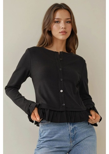 Kadın Düğmeli Bisiklet Yaka Fırfır Detaylı Örme Hırka Black