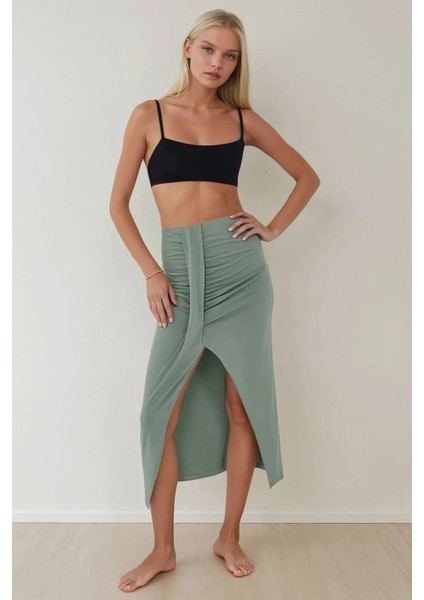 Kadın Drapeli Yüksek Bel Bodycon Sandy Maxi Etek Haki Yeşil