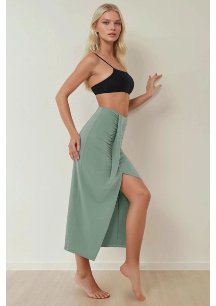 Kadın Drapeli Yüksek Bel Bodycon Sandy Maxi Etek Haki Yeşil