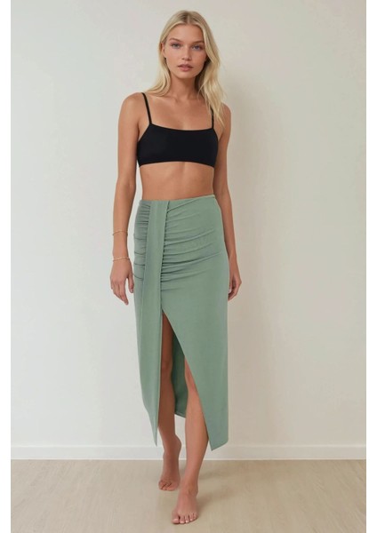 Kadın Drapeli Yüksek Bel Bodycon Sandy Maxi Etek Haki Yeşil