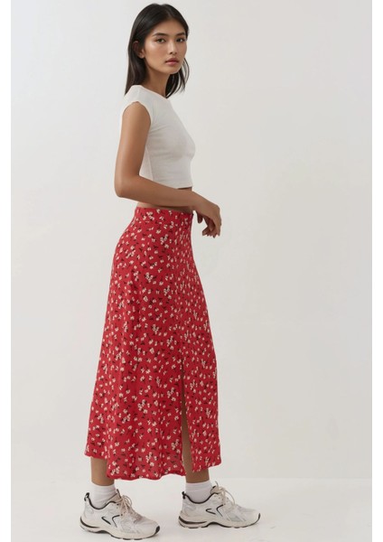 Kadın Çiçek Desenli Yüksek Bel Midi Etek Multicolor