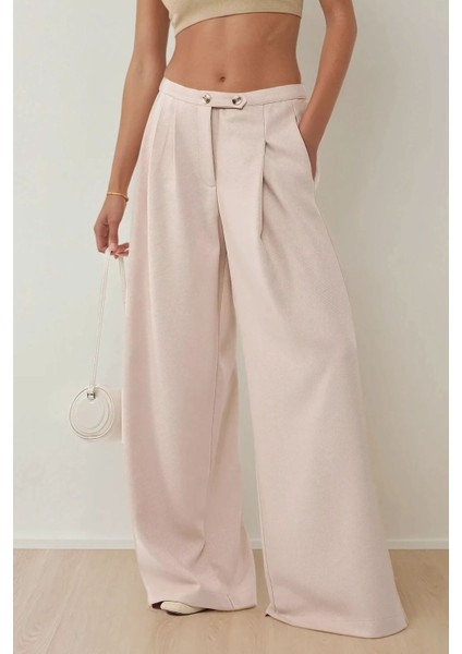 Kadın Yüksek Bel Geniş Paça Pileli Rahat Pantolon Natural