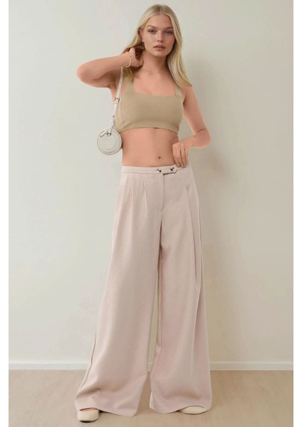 Kadın Yüksek Bel Geniş Paça Pileli Rahat Pantolon Natural