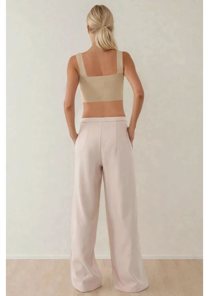 Kadın Yüksek Bel Geniş Paça Pileli Rahat Pantolon Natural