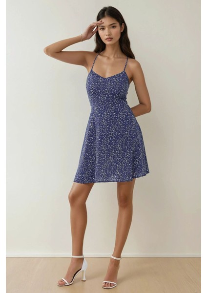 Kadın Çiçek Desenli Mini Elbise Mavi