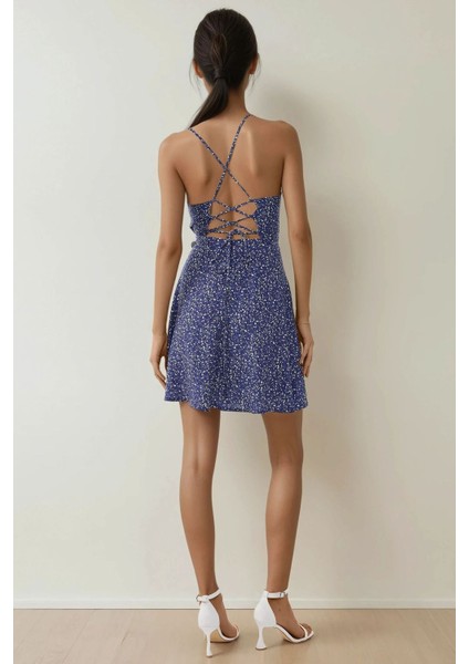 Kadın Çiçek Desenli Mini Elbise Mavi
