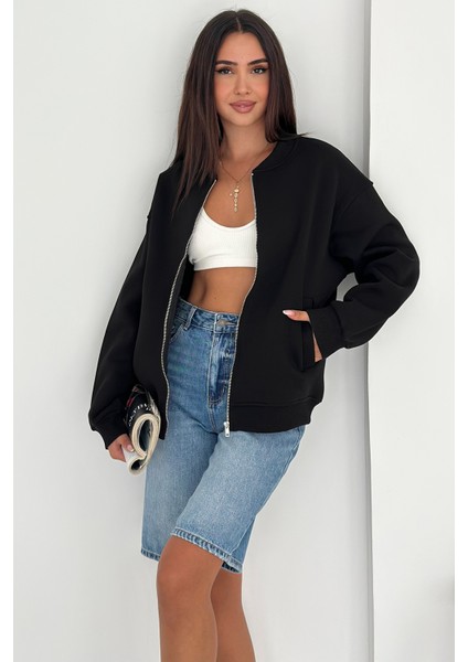 Kadın Fermuarlı Oversize Kolej Hoodie – Sardonlu & Kapüşonlu