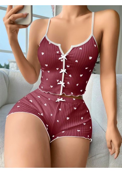 Pamuklu Kahverengi Üstüne Beyaz Kalp Desen Fitilli Askılı Şortlu Pijama Takımı