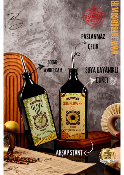 500ML Ahşap Stantlı Carmen Serisi Zeytinyağı Şişesi ve Ayçiçek Yağı Şişesi Set