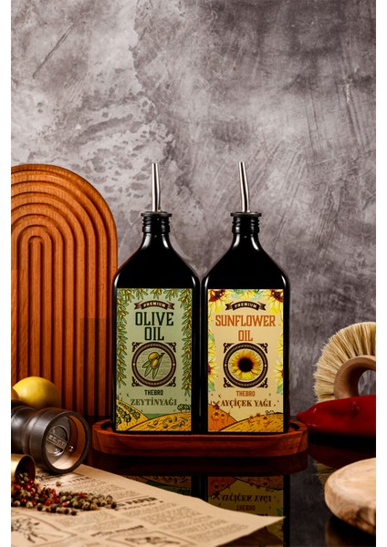 500ML Ahşap Stantlı Carmen Serisi Zeytinyağı Şişesi ve Ayçiçek Yağı Şişesi Set modelleri