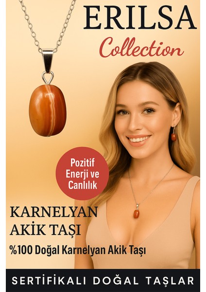 Sertifikalı Karnelyan Akik Doğal Taş Kolye – Pozitif Enerji Canlılık ve Özgüven Taşı