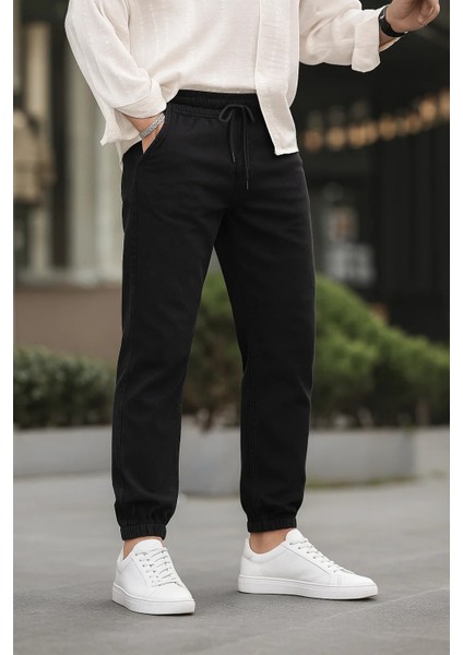 Erkek Beli Lastikli Siyah Kot Jogger Pantolon
