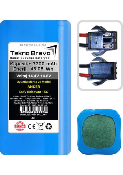 (Anker Eufy Robovac 15C Uyumlu) 3200MAH 46,08WH Robot Süpürge Yedek Bataryası