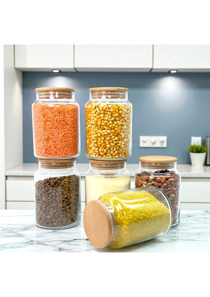6'lı Ahşap Vakum Kapaklı 800 ml Cam Bakliyat Saklama Kavanozu Seti Etiket Hediyeli fiyatları