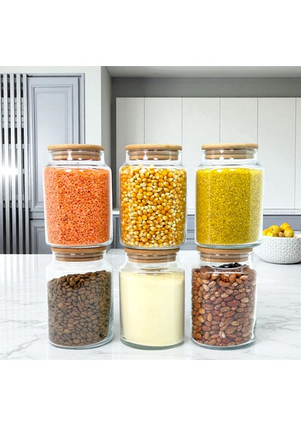6'lı Ahşap Vakum Kapaklı 800 ml Cam Bakliyat Saklama Kavanozu Seti Etiket Hediyeli modelleri