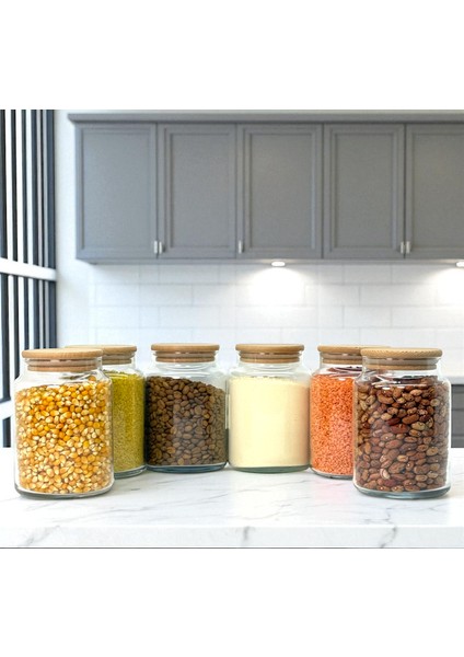 6'lı Ahşap Vakum Kapaklı 800 ml Cam Bakliyat Saklama Kavanozu Seti Etiket Hediyeli fırsatları