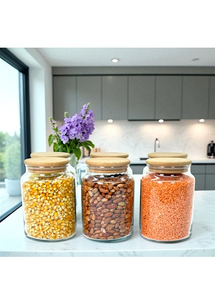 6'lı Ahşap Vakum Kapaklı 800 ml Cam Bakliyat Saklama Kavanozu Seti Etiket Hediyeli indirimleri